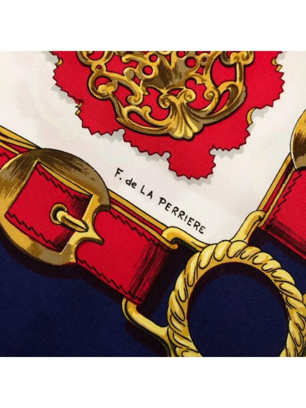 Hermes Carre 90 Cuivreries Copperwork Scarf Navy Red White Silk
